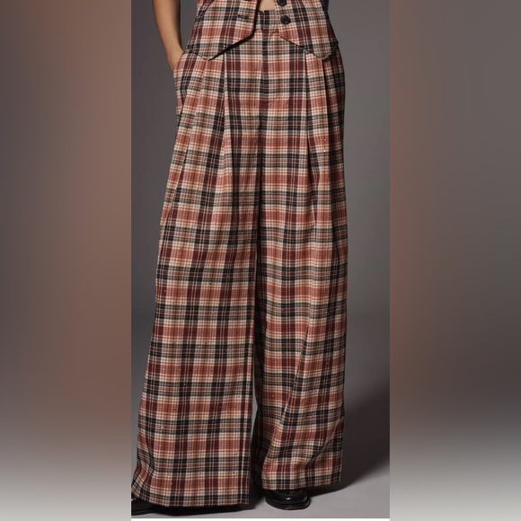 Anthropologie Pants - Anthropologie Avery Pleated Wide-Leg Preppy Trousers by Maeve Plaid Sparkle Sz L